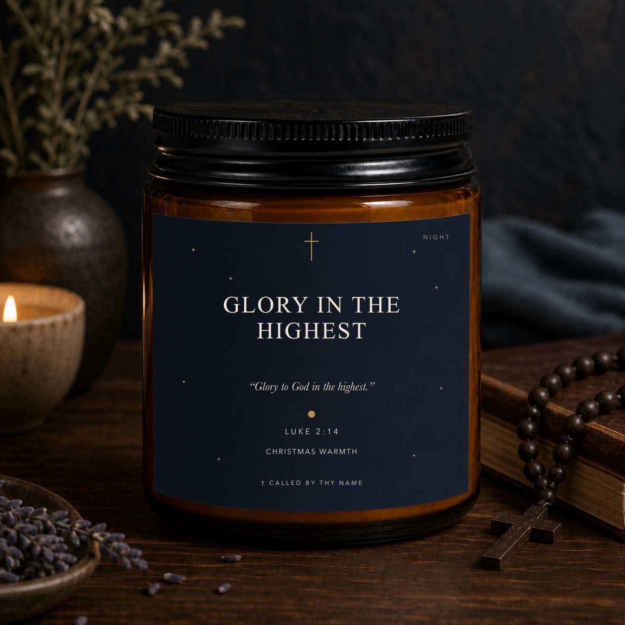 A lit soy candle in an amber apothecary jar.